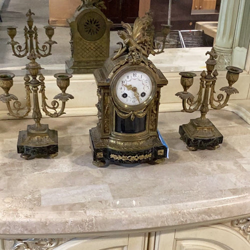 3pcs. Brass and Marble Clock with candle holders - Kenner Habitat for Humanity ReStore